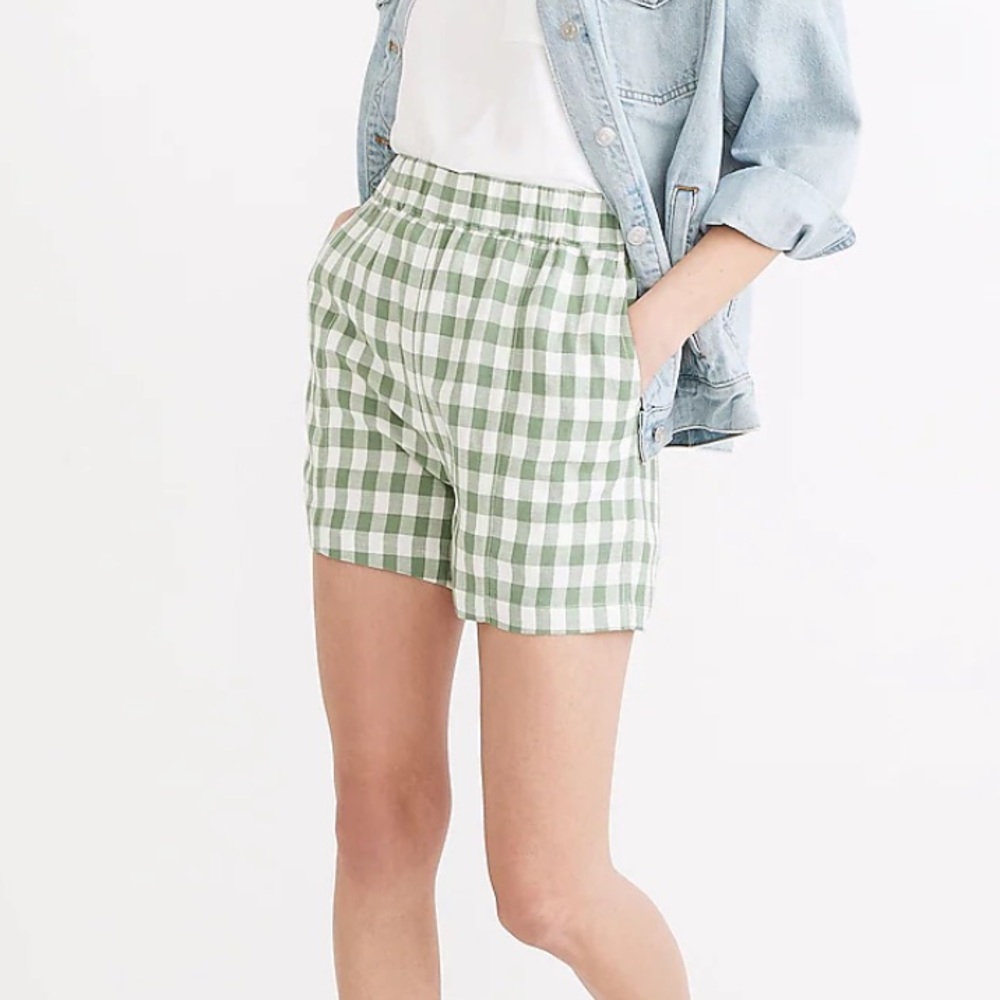 Madewell linen blend green & white checkerboard print shorts
